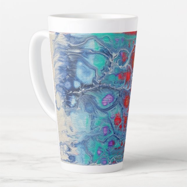 Fluid Art Large Latte Mug in Red Blue and White (Left Angle)