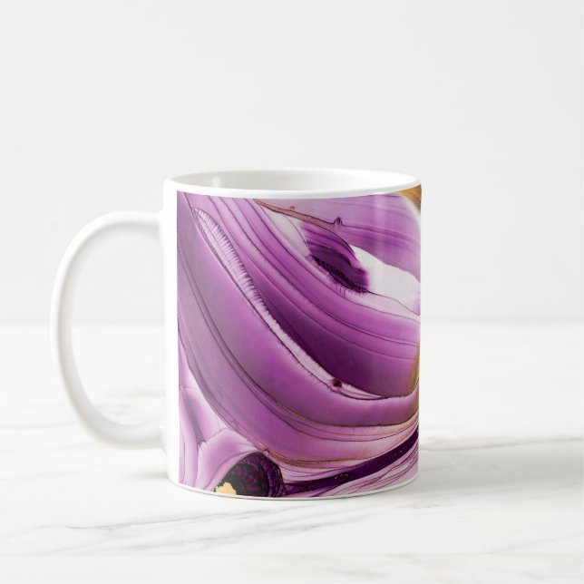 Fluid art, lilac gold marbled texture. coffee mug (Left)