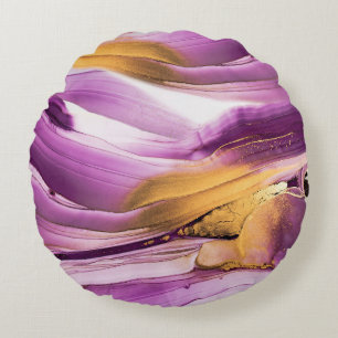 Fluid art, lilac gold marbled texture. round cushion