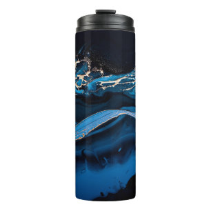 Fluid Art. Liquid Metallic Gold in abstract blue w Thermal Tumbler