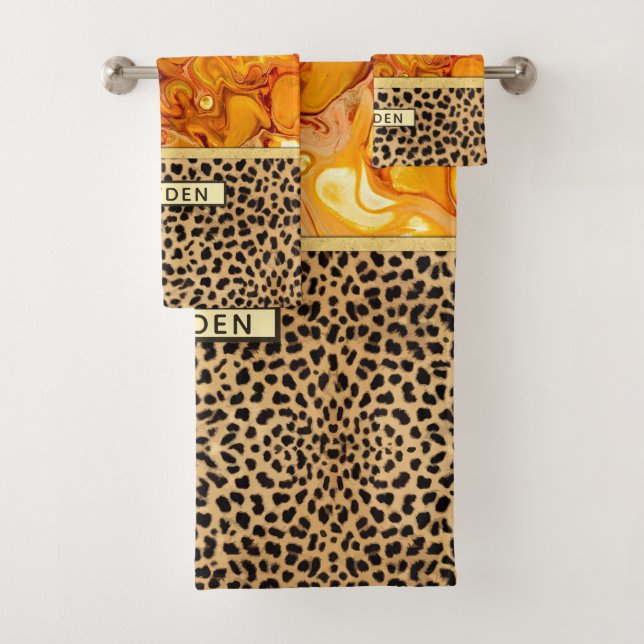 Fluid Art Pour Personalised Leopard Print Bath Towel Set (Insitu)