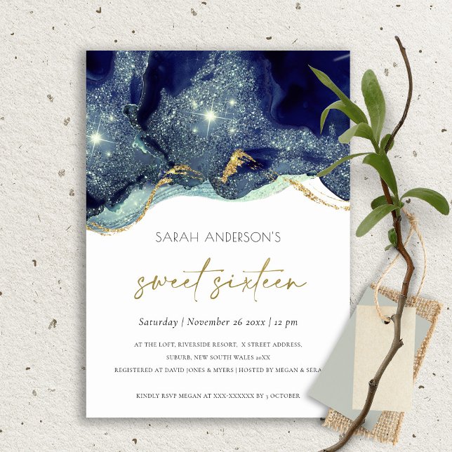 Fluid Gold Navy Glitter Sweet 16 Birthday Invite (Creator Uploaded)