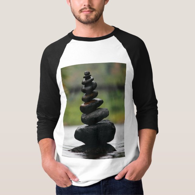 "Fluid Harmony: The Art of Stone Balancing on Wate T-Shirt (Front)