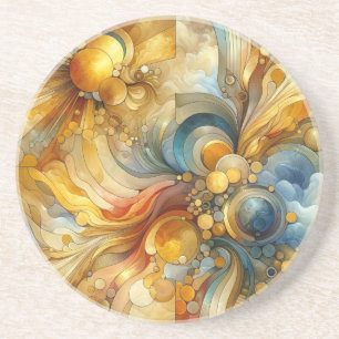 Fluid Lines and Circles Golden Abstract Watercolor Coaster