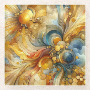 Fluid Lines and Circles Golden Abstract Watercolor Glass Coaster