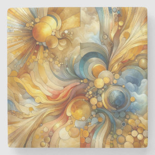 Fluid Lines and Circles Golden Abstract Watercolor Stone Coaster