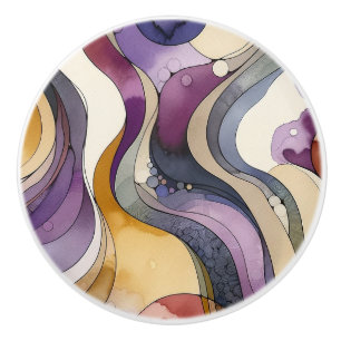 Fluid lines purple and golden abstract watercolor ceramic knob