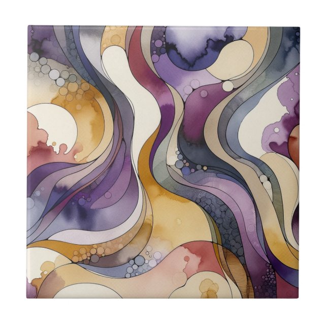 Fluid lines purple and golden abstract watercolor ceramic tile (Front)
