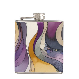 Fluid lines purple and golden abstract watercolor hip flask