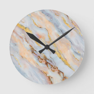 Fluid Marble in Tones of Gray, Peach and Gold Round Clock