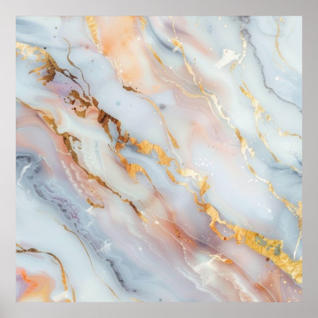 Fluid Marble Pattern with Peach, Gray and Gold   Poster (Front)