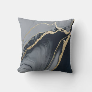 Fluid Marble Swirls in Navy and Gold Throw Pillow