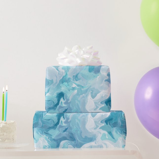 Fluid Ocean Aqua Blue Drift White Abstract pattern Wrapping Paper (Party Gifts)