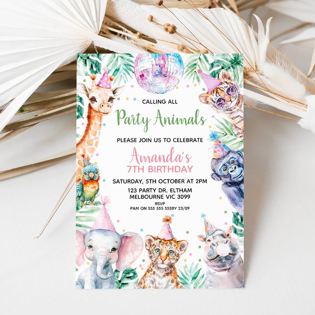 Fluorescent Calling Party Animals Safari Birthday Invitation (Girls Calling All Party Animals Safari Birthday Invitation Template, Editable Safari Birthday Invite)