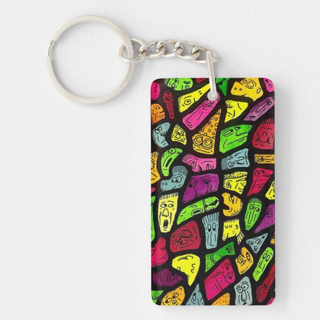 Fluorescent Cartoon Weird Faces Drawing Key Ring (Front)