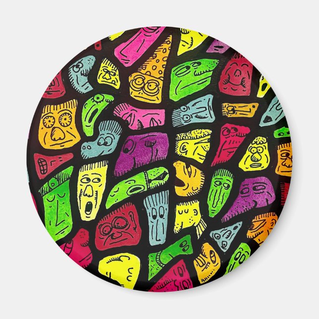 Fluorescent Cartoon Weird Faces Drawing Magnet (Front)