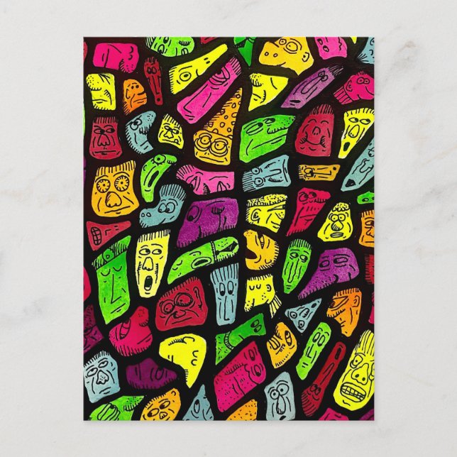 Fluorescent Cartoon Weird Faces Drawing Postcard (Front)