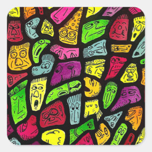 Fluorescent Cartoon Weird Faces Drawing Square Sticker