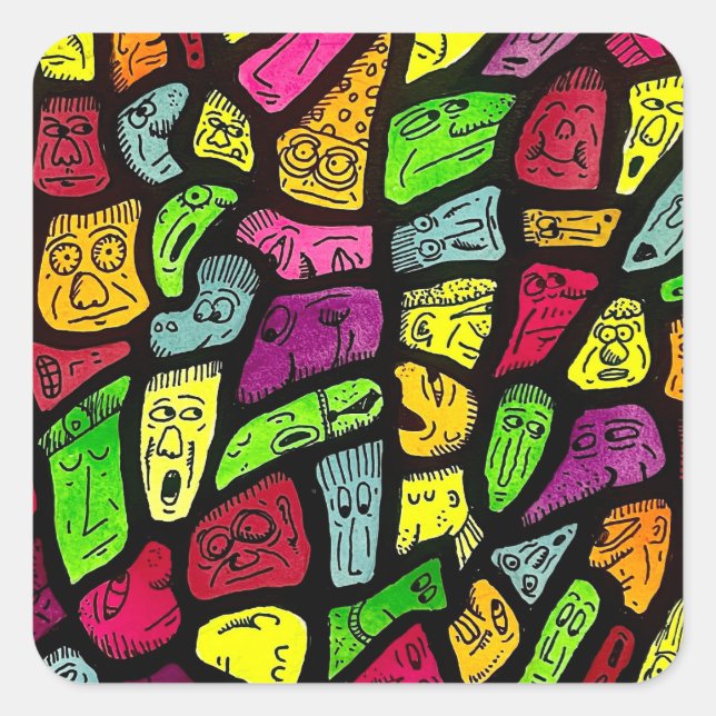 Fluorescent Cartoon Weird Faces Drawing Square Sticker (Front)