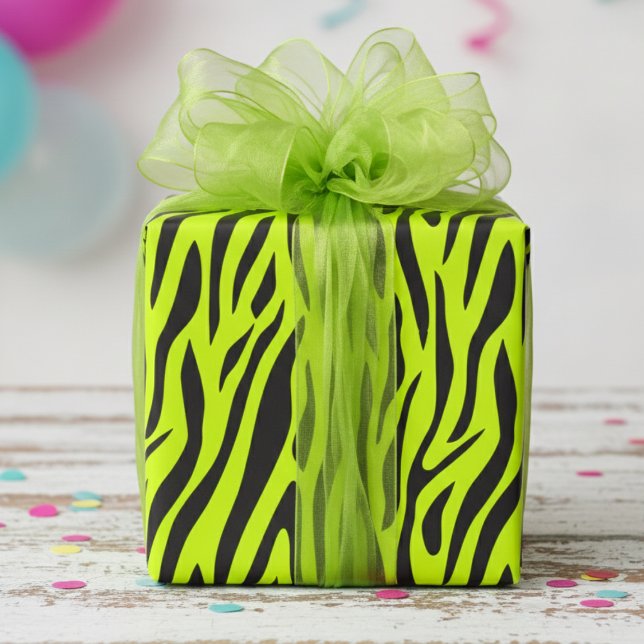 Fluorescent Lime Green Small Zebra Print Wrapping Paper (Fun Fluorescent Yellow Wrapping Paper for Cool 80's Kids Party. Modern Zebra Animal Print Gift Wrap)
