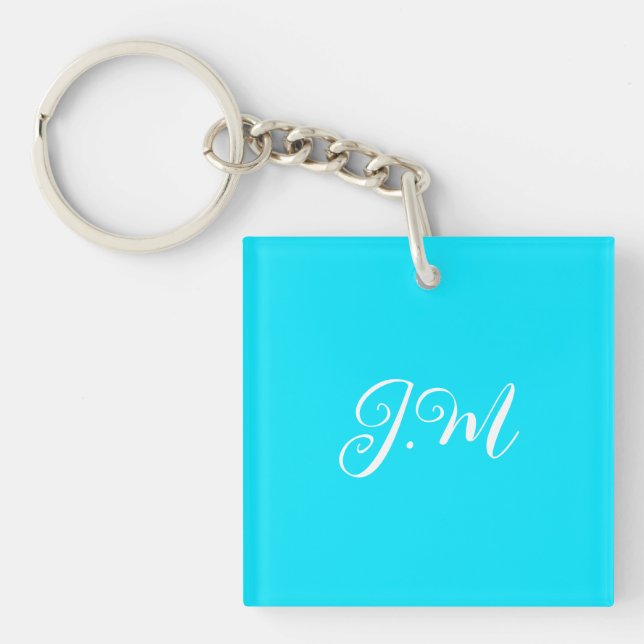Fluorescent neon blue solid colour initials name key ring (Front)