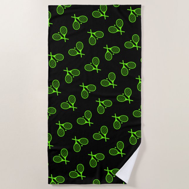 Fluorescent Neon Green Tennis Rackets Black Beach Towel (Front)