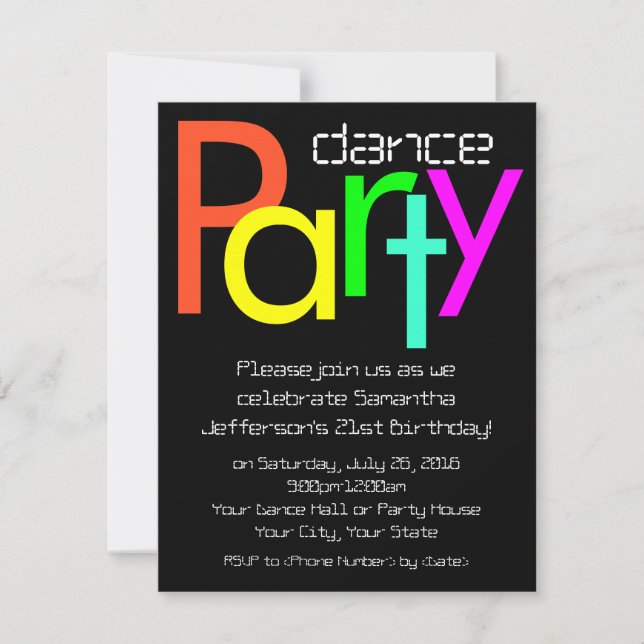 Fluorescent Neon lights Dance Party Invitation, Sm Invitation (Front)