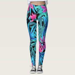 Fluorescent tropical palm leaves leggings