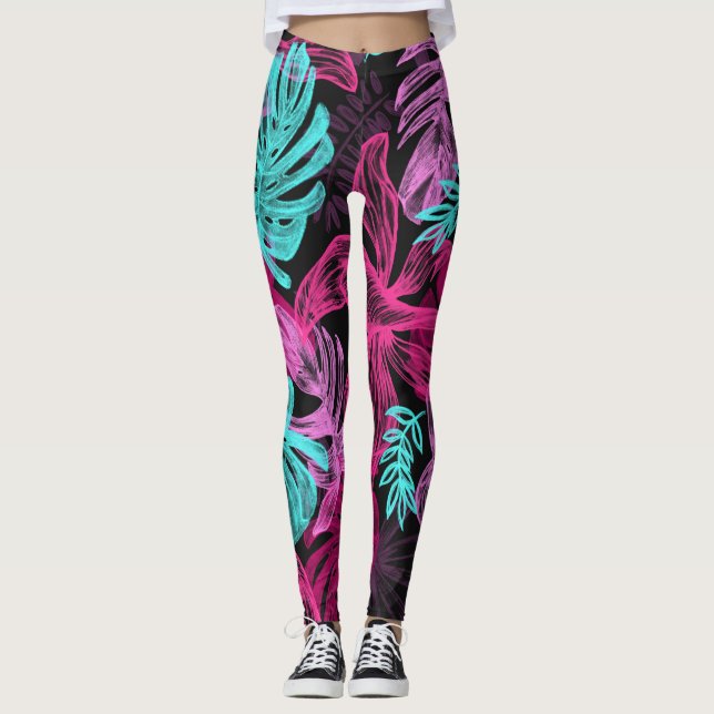 Fluorescent tropical palm leaves leggings (Front)