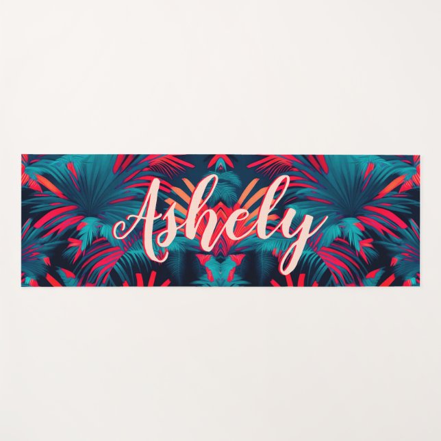 Fluorescent Tropical Watercolor Palm Leaves Name Yoga Mat (Front (Horizontal))