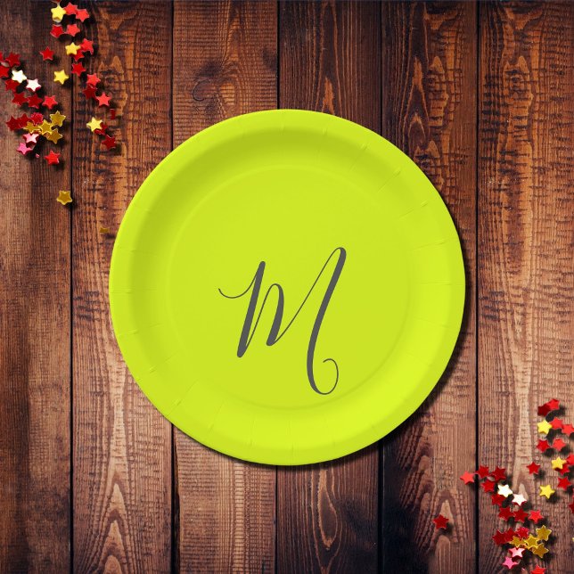 fluorescent yellow - chic monogram  paper plate (Creator Uploaded)