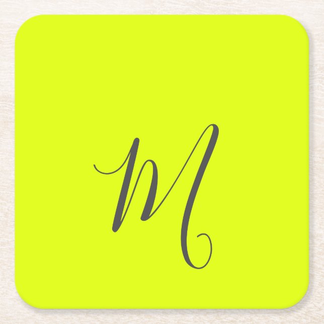 fluorescent yellow - chic monogram  square paper coaster (Front)