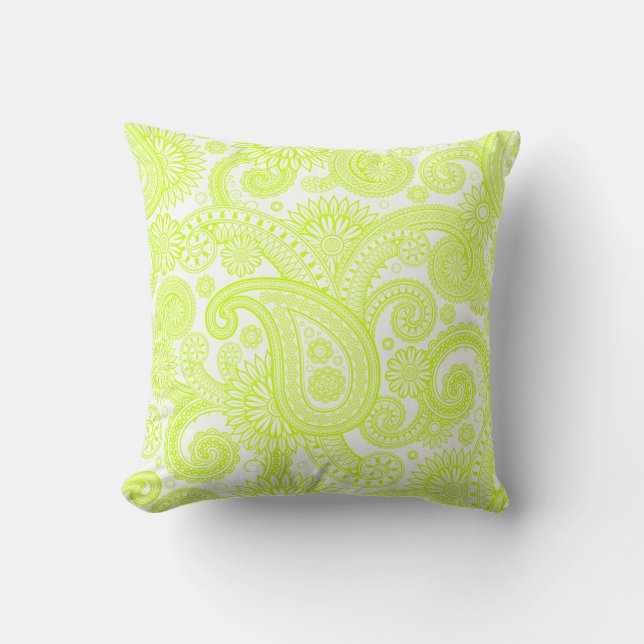 Fluorescent Yellow Paisley Floral Swirl Cushion (Front)