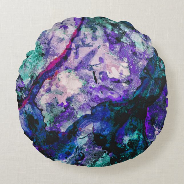 Fluorite Crystal Geode Marble Abstract Round Cushion (Front)