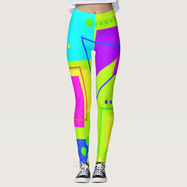 FLUORO GREEN EIGHTIES ERA SHAPE PATTERN 80S NEON LEGGINGS (Front)
