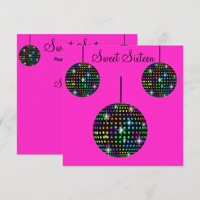 FLURO PINK DISCOBALL  SWEET SIXTEEN PARTY INVITATION (Front/Back)