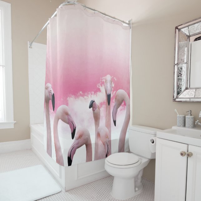 Flurry of Pink Flamingos Shower Curtain (In Situ)