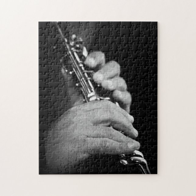 Flute being played in black and white by gypsy jigsaw puzzle (Vertical)