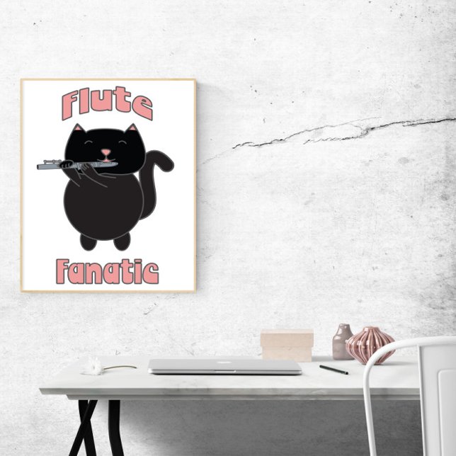 Flute Fanatic Black Cat Poster (A poster of a black cat playing the flute with the words flute fanatic.)