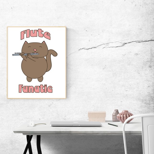 Flute Fanatic Cat Cute Poster (A poster that says flute fanatic with a cartoon cat playing the flute)