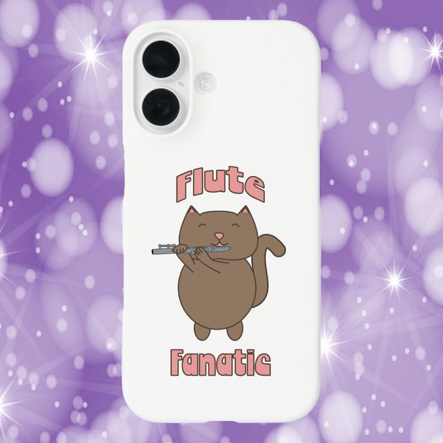 Flute Fanatic Cat Pink Case-Mate iPhone Case (A cell phone case with a cat playing the flute and the words flute fanatic.)