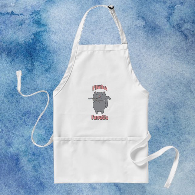 Flute Fanatic Flautist Grey Cat Standard Apron (An apron with a flute playing gray cat and the words flute fanatic in pink.)
