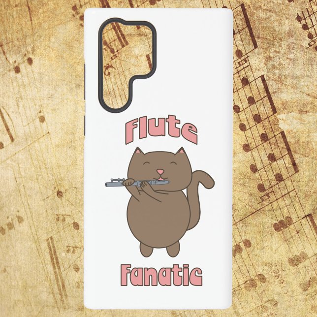 Flute Fanatic Funny Cat Samsung Galaxy S22 Ultra Case (A phone case that says flute fanatic with a cat playing the flute.)