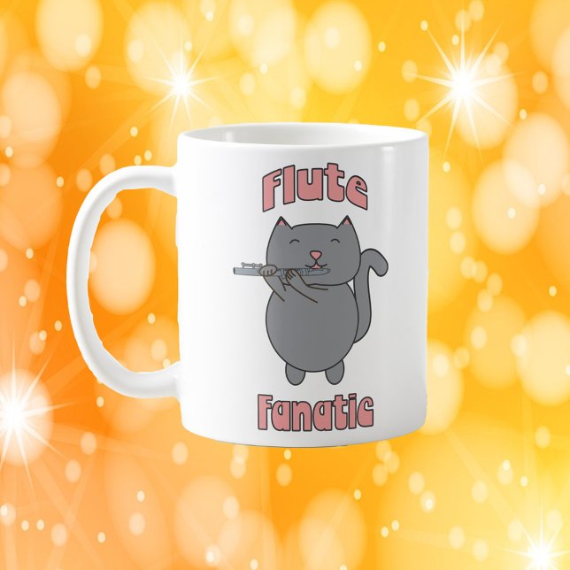 Flute Fanatic Grey Cat Pink Coffee Mug (A mug with a gray cat playing the flute and the words flute fanatic in pink)