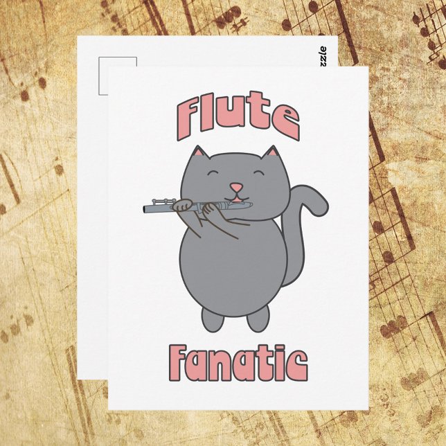 Flute Fanatic Grey Cat Pink  Postcard (A postcard featuring a gray cat playing the flute with the words Flute Fanatic in pink.)