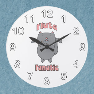 Flute Fanatic Music Gray Cat Large Clock