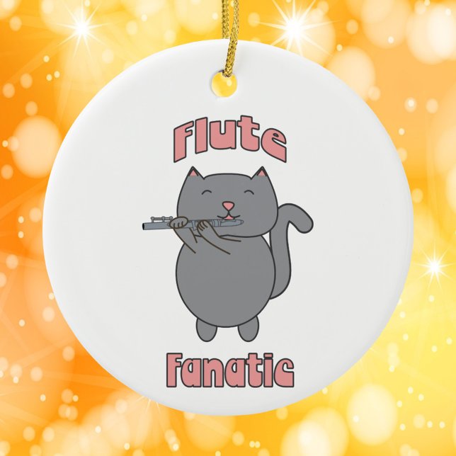 Flute Fanatic Musical Grey Cat Pink Ceramic Ornament (An ornament featuring a gray cat playing the flute and the words flute fanatic in pink.)