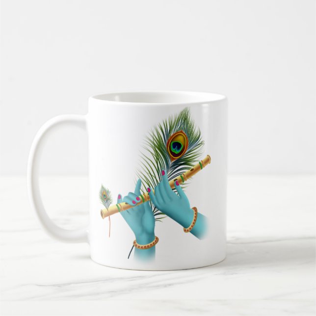 Flute_Hands_Peacock Feather_Lord Krishna Coffee Mug (Left)