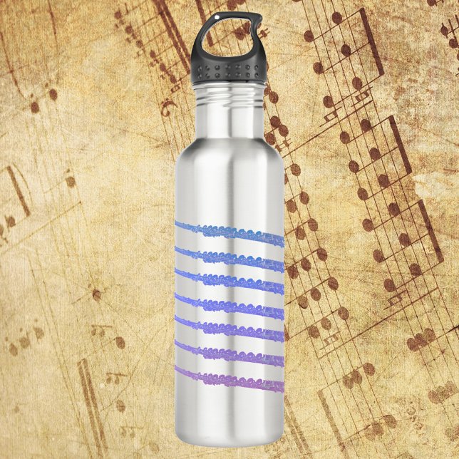 Flute Music Blue Pink Purple 710 Ml Water Bottle (A water bottle with pink, blue and purple flutes.)