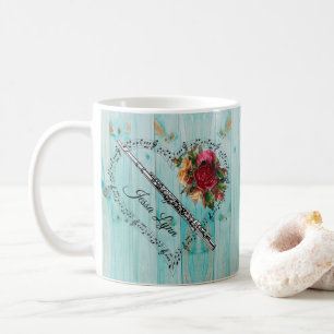 Flute Music Note Hart Blue Wood Flowers Coffee Mug